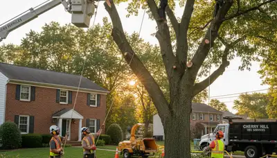 Professional crew performing safe tree removal with bucket truck in Cherry Hill, NJ