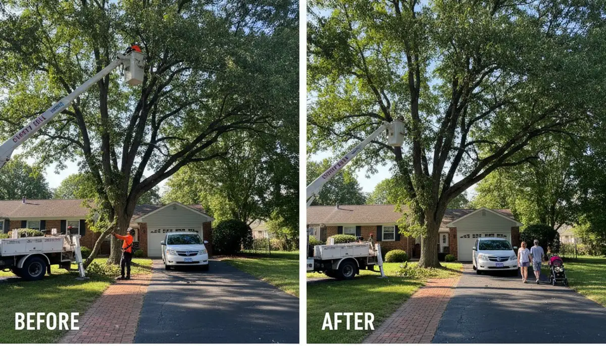 Arborist performing canopy lift tree trimming over driveway in Cherry Hill, NJ for improved clearance