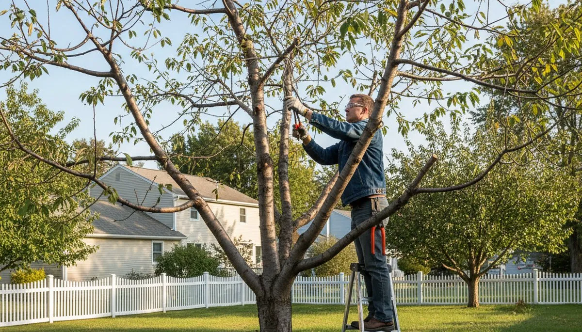 Certified arborist pruning fruit tree in Cherry Hill, NJ backyard orchard for healthy growth and yield.