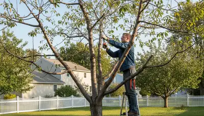 Certified arborist pruning fruit tree in Cherry Hill, NJ backyard orchard for healthy growth and yield.