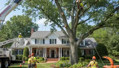Arborists using bucket truck for large tree removal at residential property in Barrington, near Cherry Hill NJ
