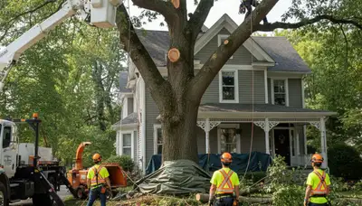 Arborists using bucket truck for large tree removal at Merchantville home near Cherry Hill, NJ