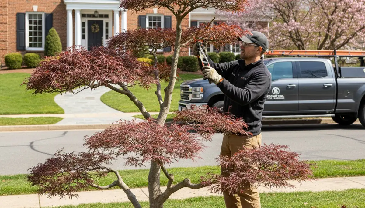 Certified arborist hand pruning ornamental Japanese maple in Cherry Hill NJ residential landscape