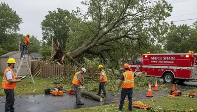 Emergency storm damage tree removal crew clearing fallen branches in Maple Shade, NJ near Cherry Hill