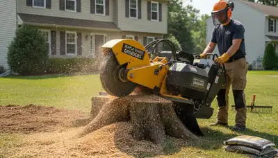 Professional stump grinding service removing tree stump in Maple Shade, NJ near Cherry Hill for lawn restoration