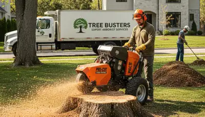 Arborist performing stump removal in Cherry Hill, NJ yard with professional grinding equipment