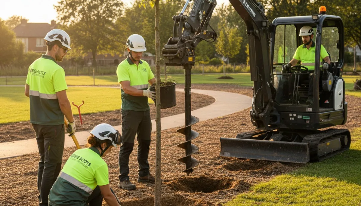 Arborist planting new tree in Cherry Hill, NJ yard for professional tree service and landscaping