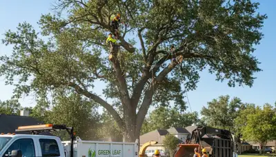 Professional tree removal crew clearing large oak in Cherry Hill, NJ yard