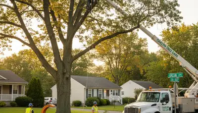 Professional tree removal service truck in Cherry Hill, NJ clearing residential yard trees